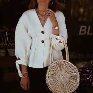 Zara V-neck Pleated Bow Puff Sleeve Linen Blouse Women Top Ecru Size XS